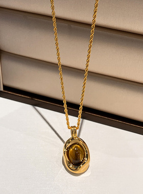 真金电镀人造虎眼石吊坠项链美拉德时尚秋冬毛衣链复古气质饰品女