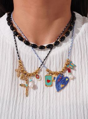 欧美热卖锆石十字架项链INS天然石颈链嘻哈不锈钢爱心塔罗牌项链