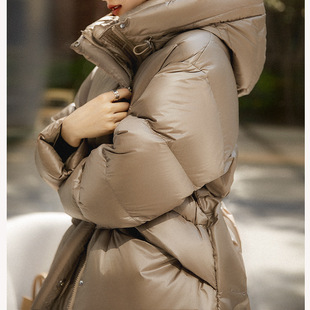 95鹅绒服收腰连帽羽绒服2023秋冬女装中长款女款高端时尚外套