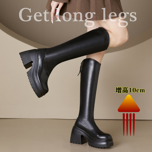 10CM粗跟加绒长筒靴女厚底马丁靴