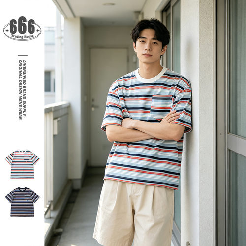 BSAPA夏季新款潮牌休闲条纹T恤男士宽松百搭纯棉短袖打底衫DX3167
