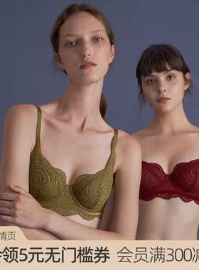 【星空】遐红色内衣女薄款阳台杯蕾丝上托微聚拢胸罩大胸显小文胸