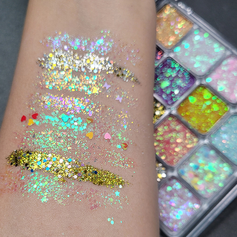 16色免胶水大亮片盘闪粉星星啫喱儿童舞台妆眼影盘亮晶晶细闪提亮