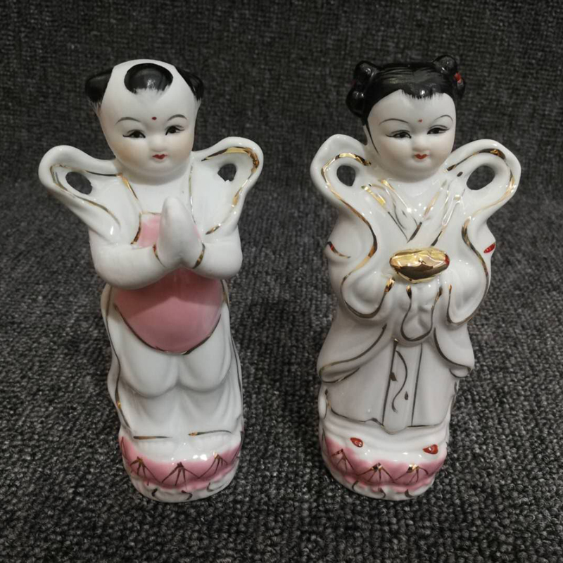 陶瓷玉女善财童子描金节日风摆件
