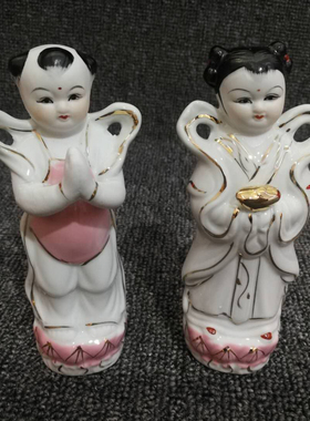 陶瓷玉女善财童子描金节日风摆件