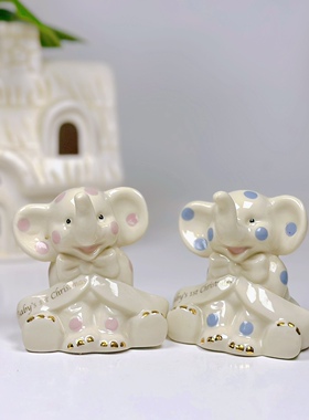 陶瓷红蓝动物小象摆件家居