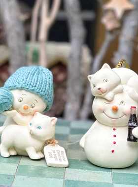 持续瓷生 出口陶瓷D56雪娃雪宝蓝色帽子小猫可乐饮料摆件工艺品