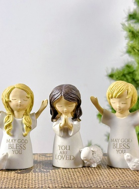 持续瓷生 出口订单树脂小号少翅膀长发天使男女孩和平鸽小羊摆件