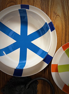 持续瓷生 出口JA陶瓷西餐平盘汤盘蛋糕水果盘子条纹彩色创意餐具