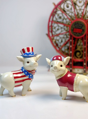 持续瓷生 出口美国陶瓷创意富贵猪摆件工艺品动物场景