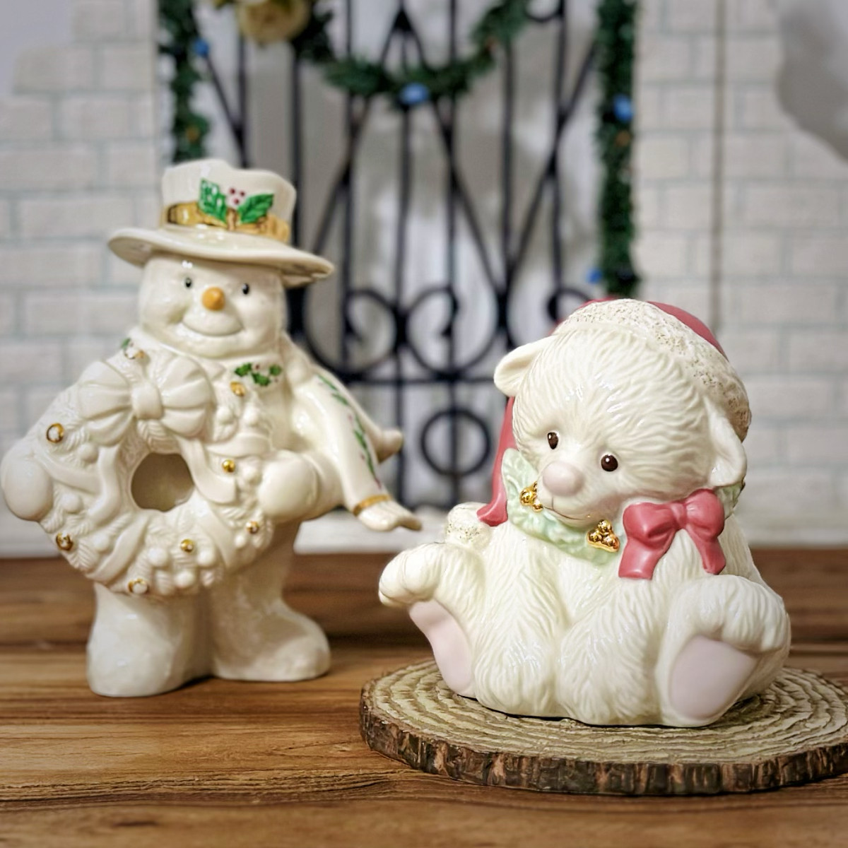 花环雪人红帽子熊摆件家居装饰品