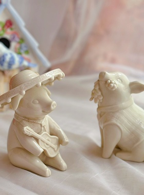 陶瓷白膜可爱乐器属相猪动物摆件