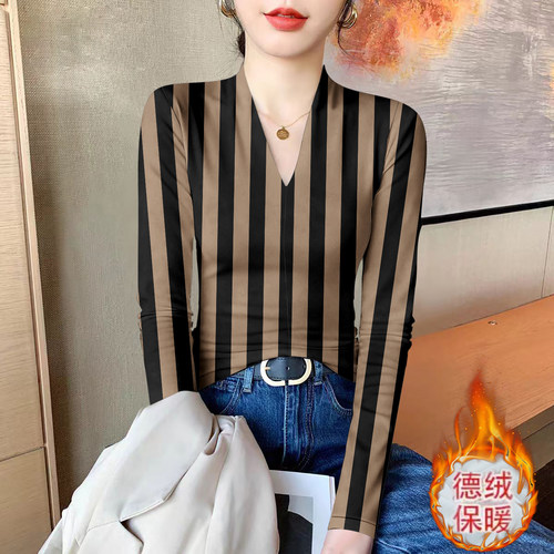 V领德绒长袖t恤女士秋冬季时尚条纹德绒加厚上衣打底修身保暖小衫