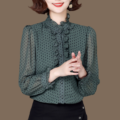 薇瑾小筑长袖荷叶边印花纽扣