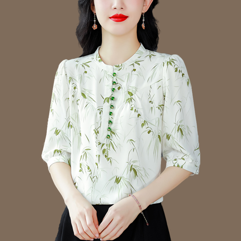 新中式年轻妈妈短袖真丝衬衫夏洋气高贵小衫清爽印花桑蚕丝上衣女