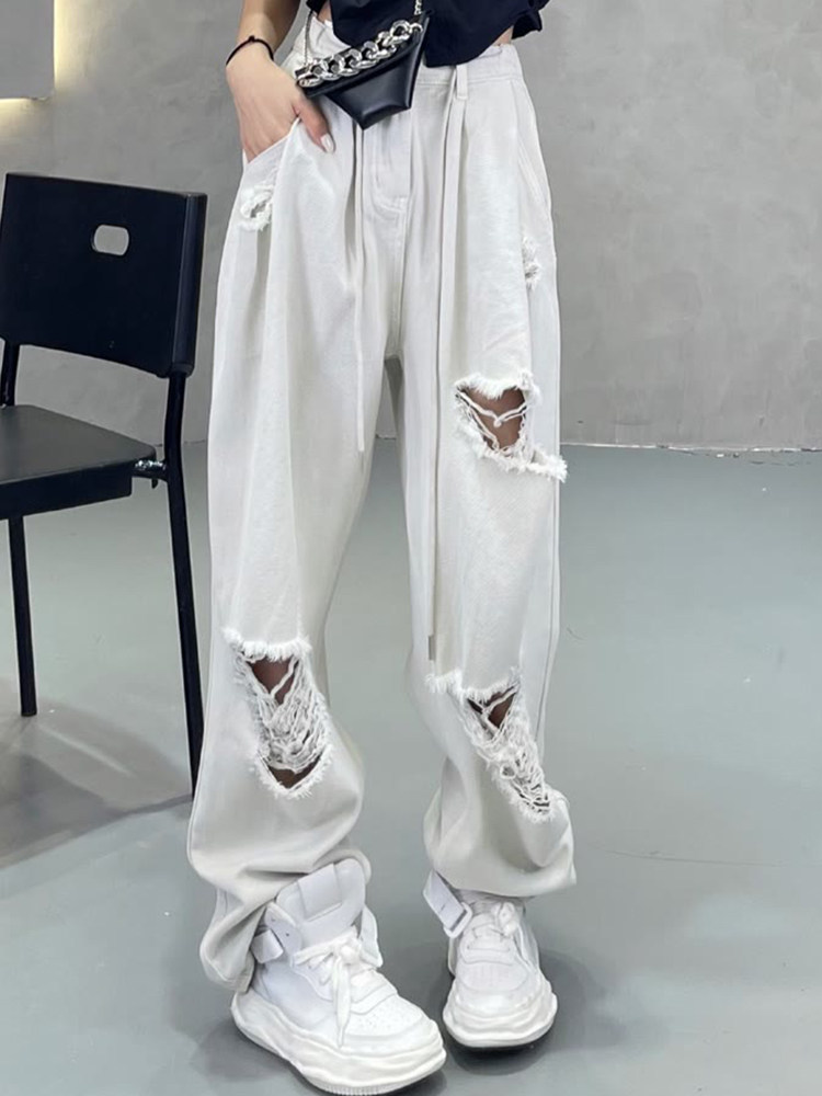 여성용 스트레이트 찢어진 청바지 패트 MM를 위한 트렌디한 여름 얇은 섹션 다용도의 하이웨이스트 신축성 있는 루즈한 와이드 레그 팬츠