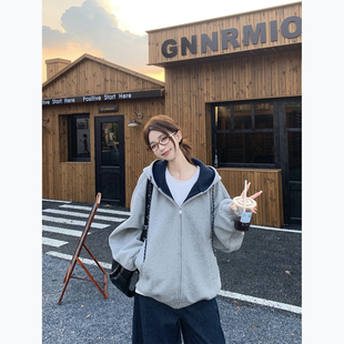 可可里~加绒加厚保暖连帽撞色卫衣女秋冬宽松灰色设计感外套上衣