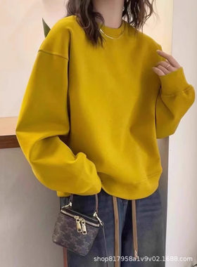 姜黄色时尚洋气圆领卫衣女春秋新款慵懒休闲秋冬长袖女士宽松上衣