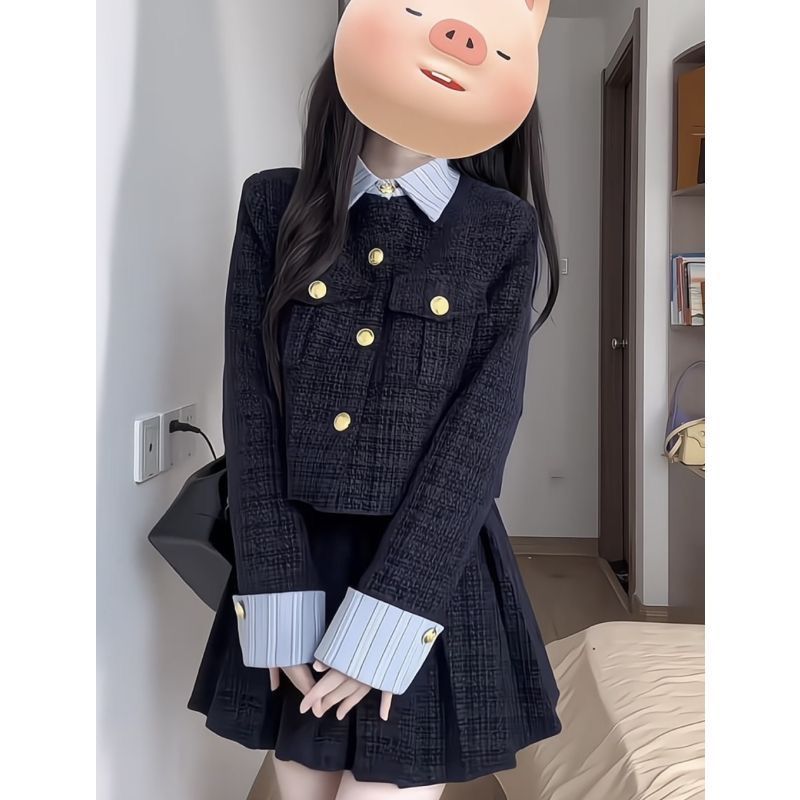 时尚套装秋冬韩系气质小香风短款假两件外套百褶裙高腰半身裙显瘦