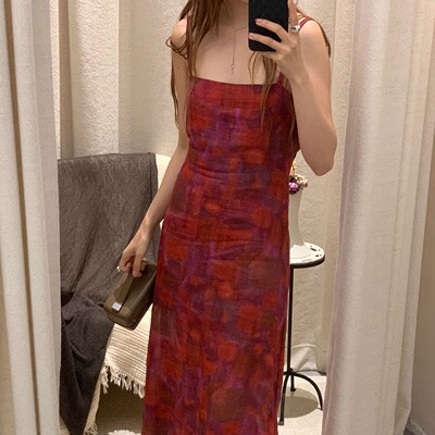 Cha 官方 | Cortana Lyn 红色晕染印花吊带连衣裙
