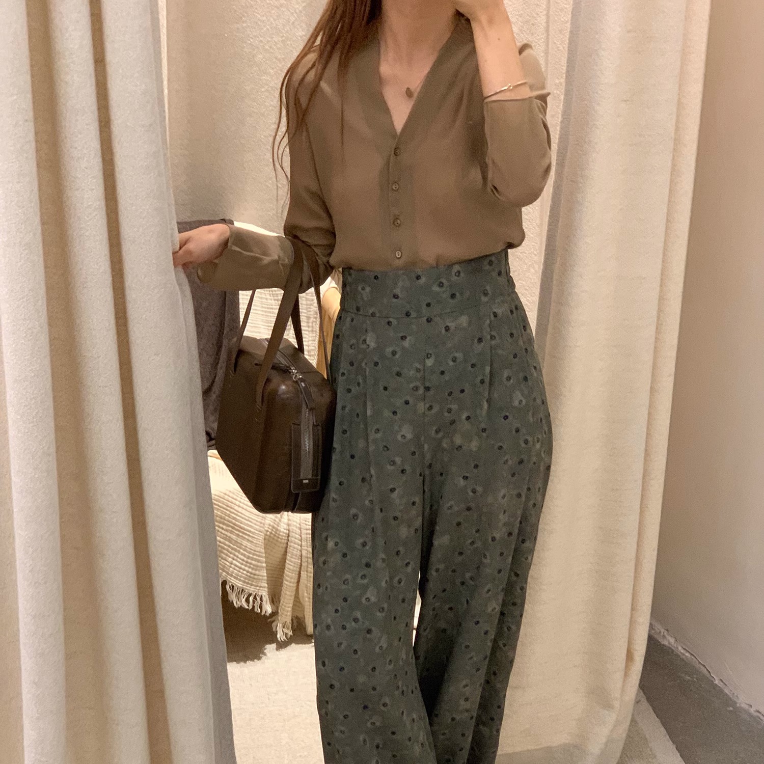 鸢尾印花真丝套装衬衫&长裤