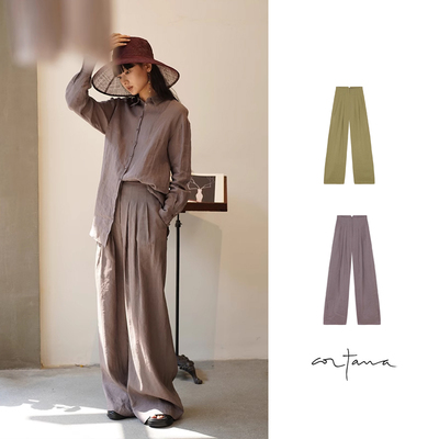 亚麻混纺高腰口袋直筒裤