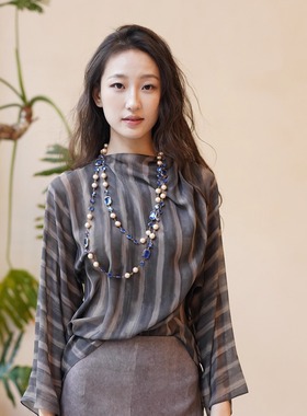 Cha官方 | Cortana 26早春URSULA真丝条纹印花褶皱披肩式围裹上衣