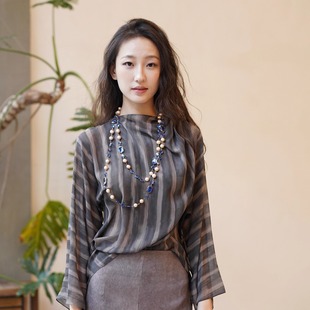 围裹上衣 26早春URSULA真丝条纹印花褶皱披肩式 Cha官方 Cortana