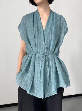 Cha 官方 | io adesso futura 意大利亚麻湖蓝色无袖系带上衣马甲