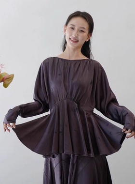 Cha 官方 | Mutedance 25AW 绛紫色植物染真丝混纺收腰一字领上衣