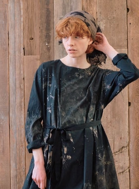 Cha 官方 | pas de calais 25秋冬 纯棉黑色格纹长袖圆领连衣裙