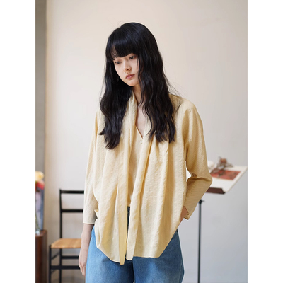 香草白条纹真丝长袖垂坠领衬衫