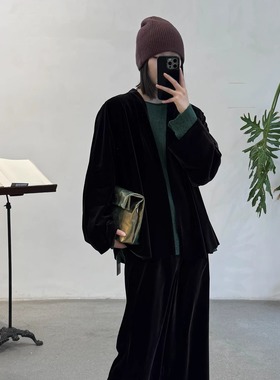 Cha 官方 ｜io adesso futura  深紫色丝绒层次领外套&长裤