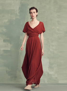 Cha 官方 | Cortana SAONA 霁红色真丝系带婚纱礼服连衣裙