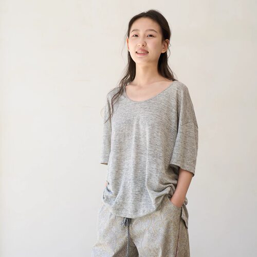 io进口色织夹花亚麻圆领短袖
