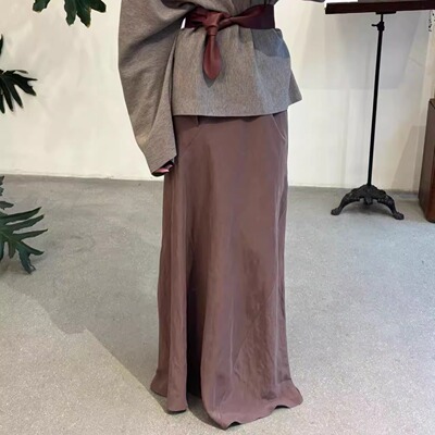 丝麻混纺多系带斜裁半身裙多色