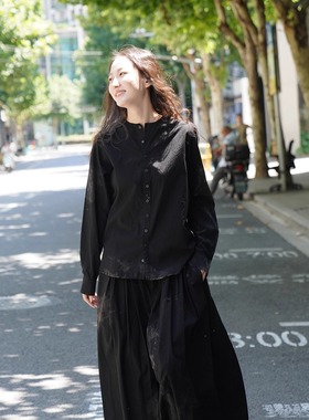 Cha官方 | pas de calais 25秋冬 纯棉黑色格子印花衬衫半裙套装