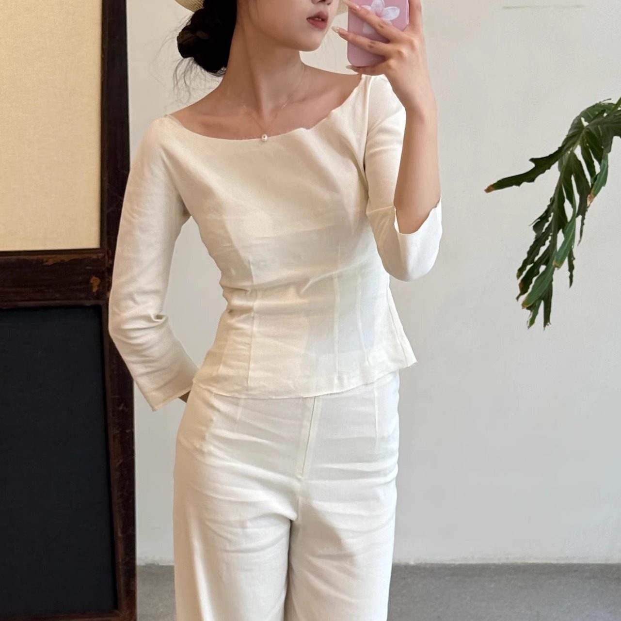 Cha 官方 | Cortana 25春夏 SOTO弹力亚麻蝙蝠袖修身上衣ASA套装