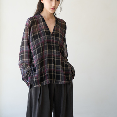 io意大利羊毛混纺紫格纹衬衫