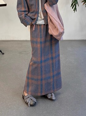 Cha 官方 | Aviva Jifei Xue 24秋冬 天然蓝靛粉色双色格纹铅笔裙