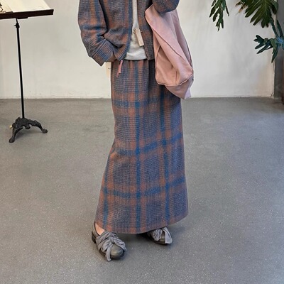 Cha 官方 | Aviva Jifei Xue 24秋冬 天然蓝靛粉色双色格纹铅笔裙