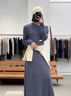 Cha 官方 | RUOHAN 24秋冬 collage羊绒真丝混纺斜肩针织连衣裙