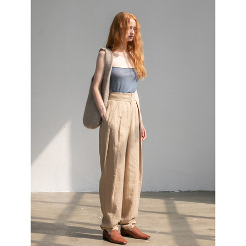 io米色汉麻高腰铅笔裤【75折