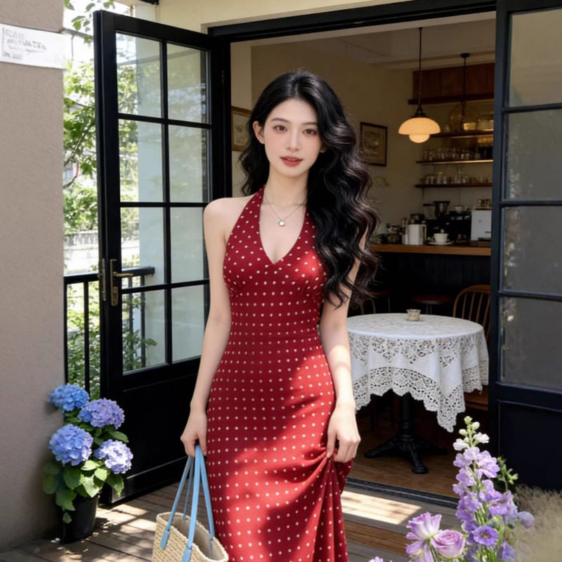 红色波点V领挂脖连衣裙女202连衣裙