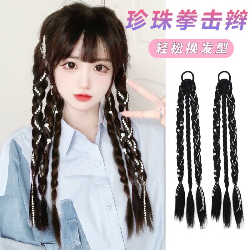 甜酷拳击辫双珍珠辫假发女高马尾纯手工编织网红麻花珍珠辫马尾辫