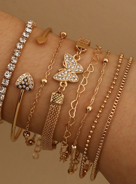 跨境热销蝴蝶心形设计多层叠戴手链女士个性创意百搭手饰组合套装