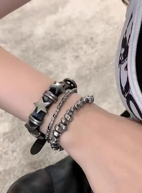 暗黑朋克Y2K五角星皮质表带手链女ins欧美辣妹叠戴风嘻哈手链配饰