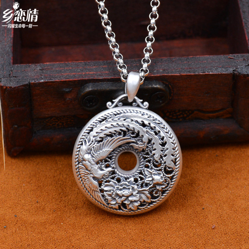 凤凰平安扣纯银项链999足银正品毛衣链长款吊坠复古民族风饰品