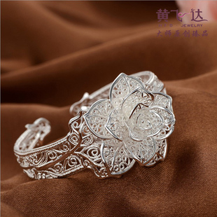 银手镯女纯银开口宽面S990原创手工银饰玫瑰花手镯个性时尚黄飞达