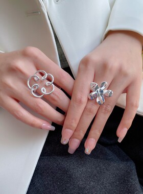 S925镀银甜酷大花朵戒指女几何镂空线条不规则开口指环ins风网红